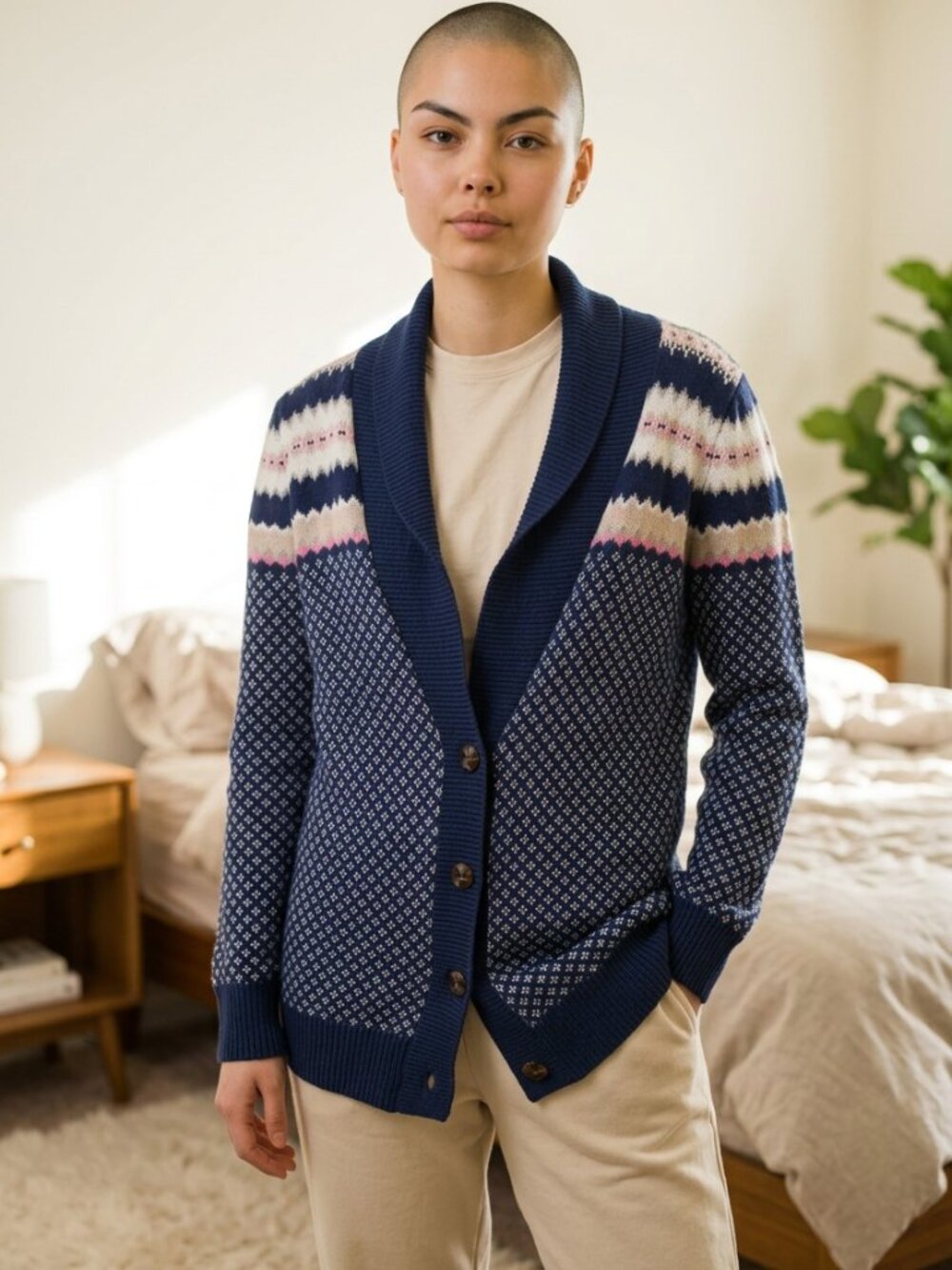 Roxy Navy Shawl Collar Fair Isle Cardigan with Pink & Cream Accents